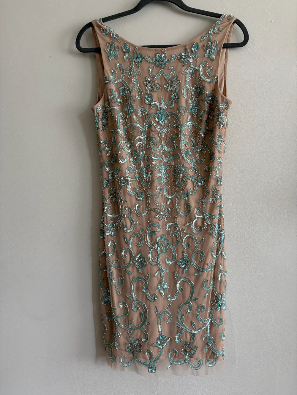 Elegant Beaded Nude Sheath Dress with Aqua Embroidery and Beading